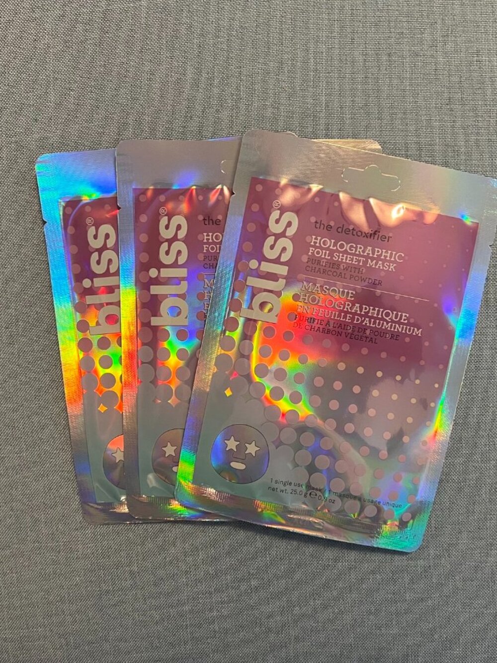 NEW Set of 3 - Bliss The Detoxifier Holographic Foil Sheet Mask Charcoal Powder
